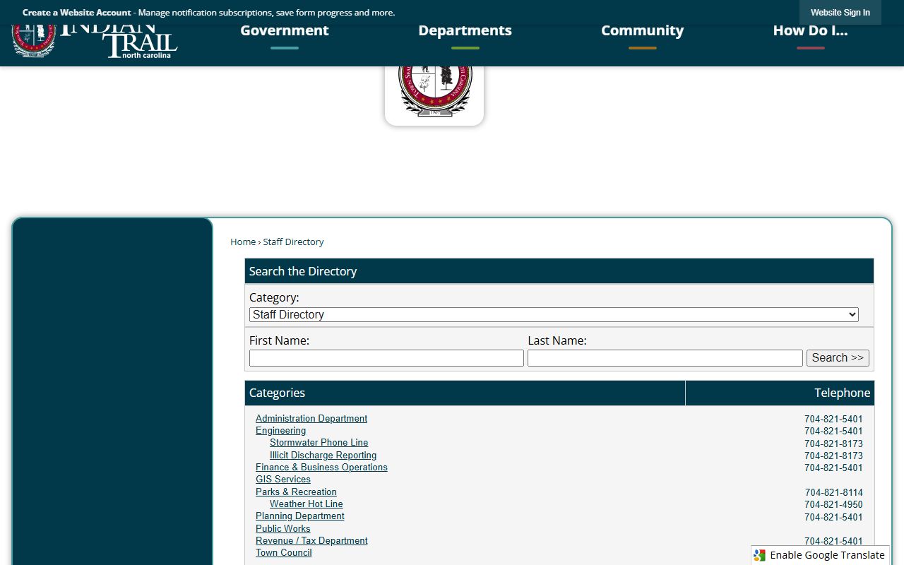 Indian Trail phone directory staff directory search