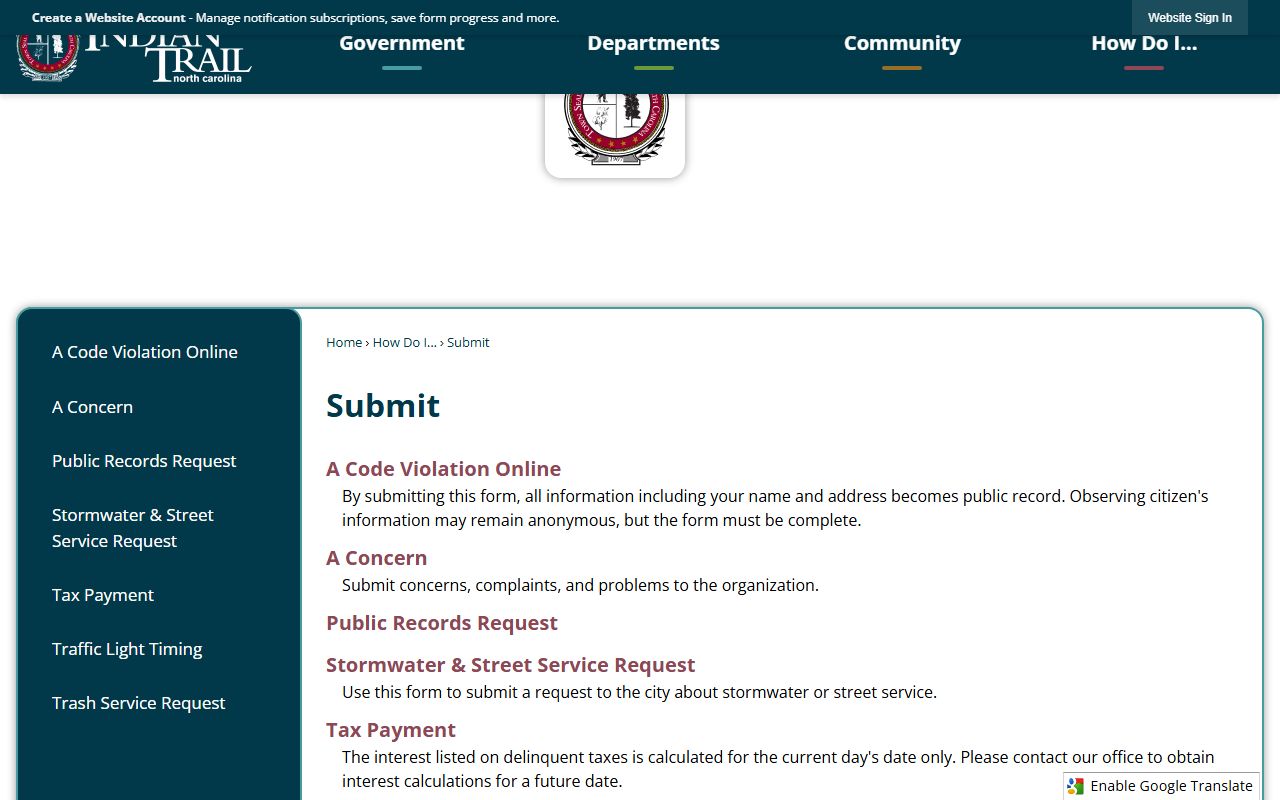 Indian Trail phone directory service request page
