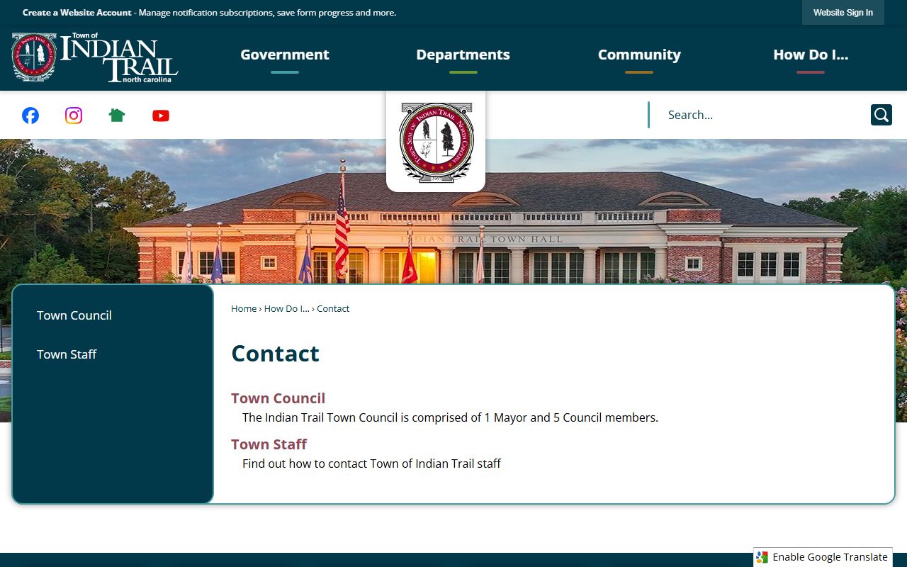 Indian Trail phone directory Town Hall contact page
