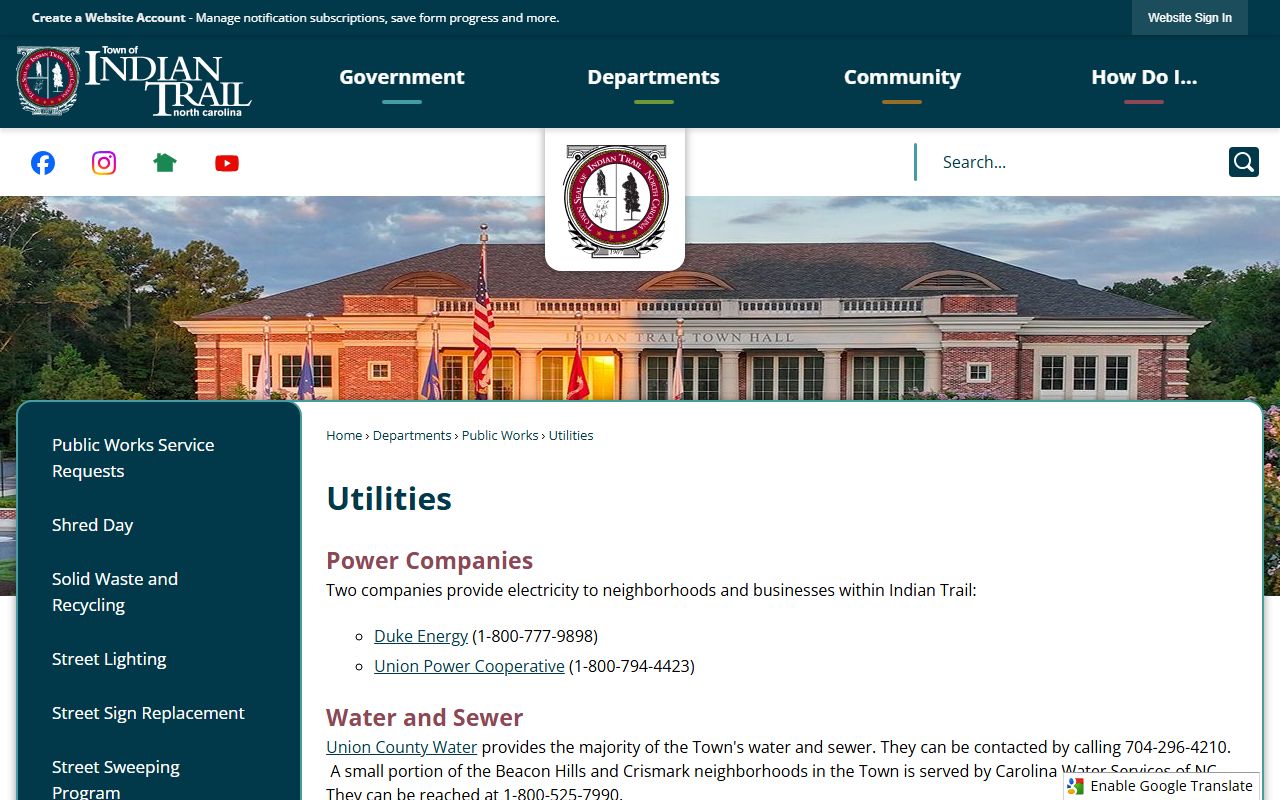 Indian Trail phone directory utility provider page