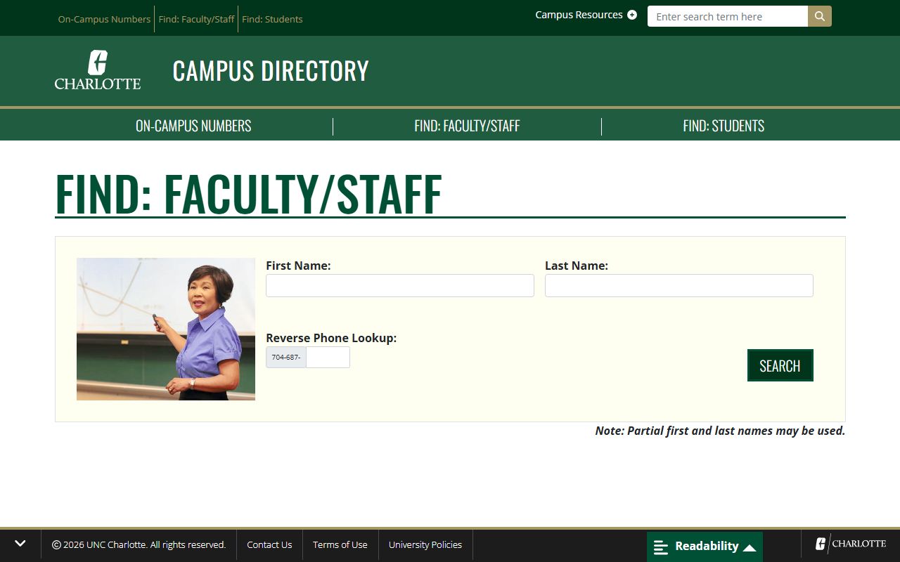 Indian Trail phone numbers UNC Charlotte faculty staff directory