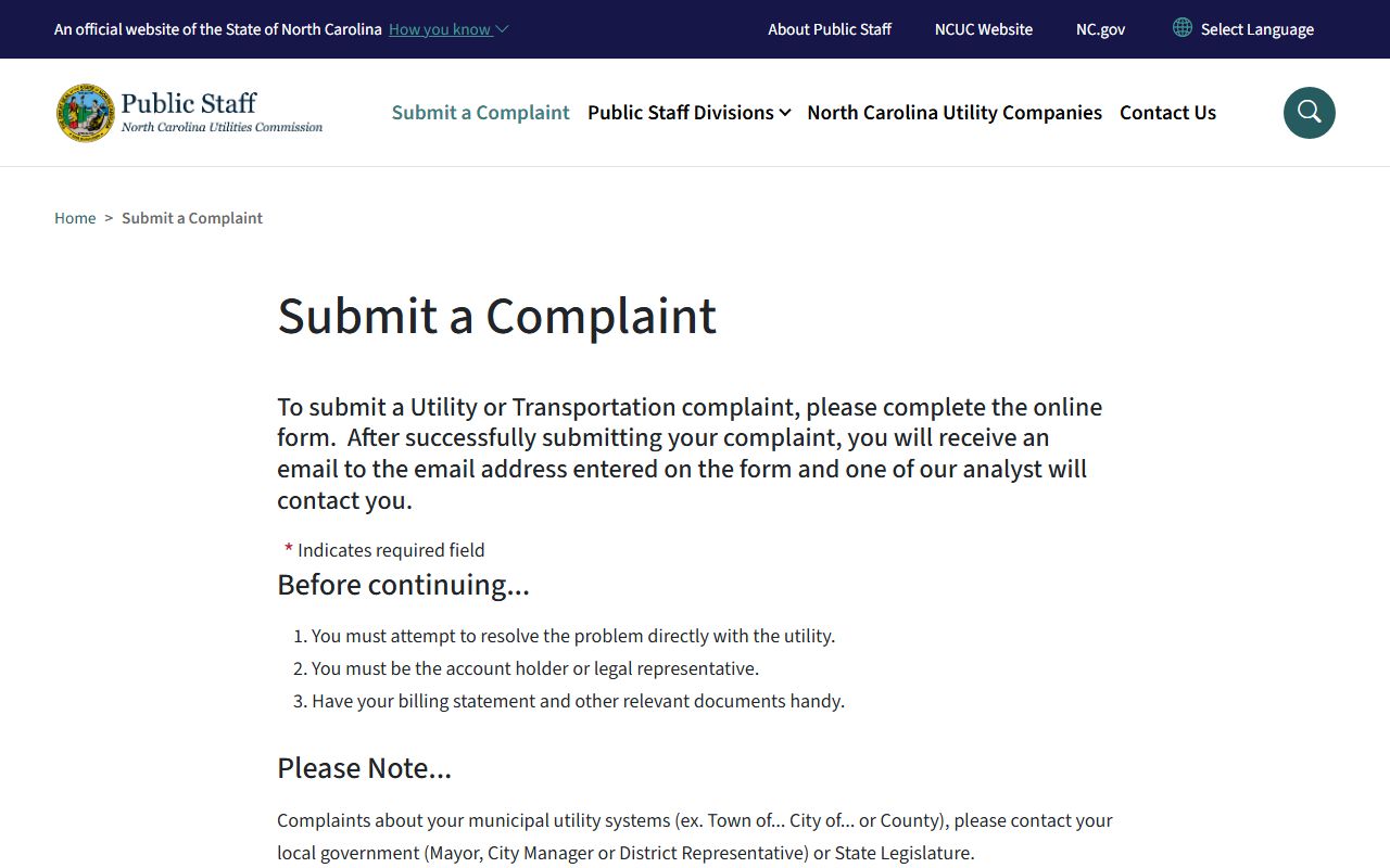Indian Trail phone codes North Carolina Public Staff complaint form